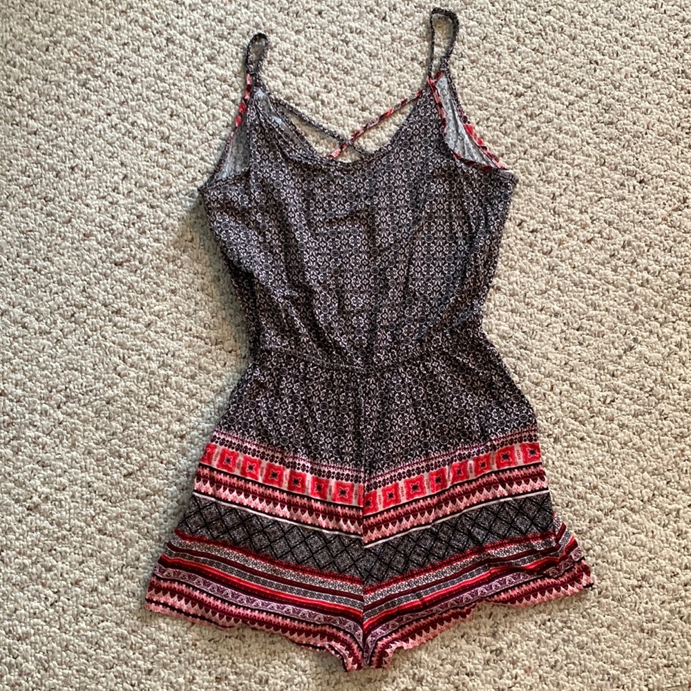 Blue Rain Black Print Romper Crisscross Back Adjustable Straps Small S